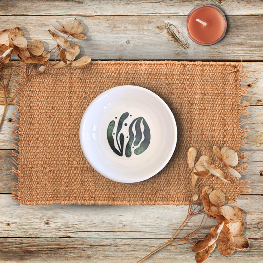 Ceramic Trinket Dish – Botanical Leaves Print Jewelry Holder, Boho Catchall